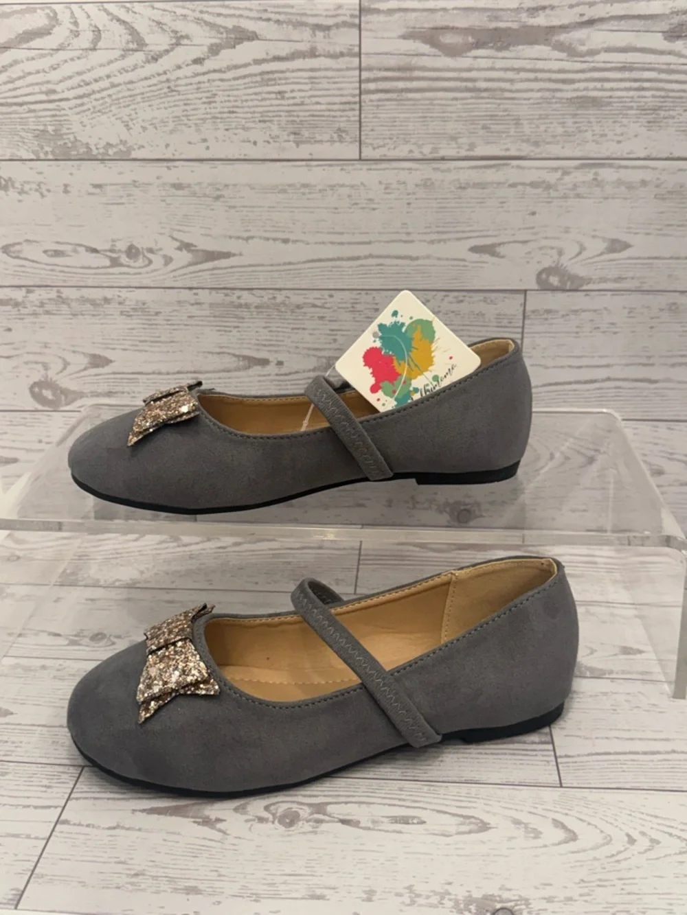 Girls' Gray Mary Jane Dress Shoes with Sparkling Bow